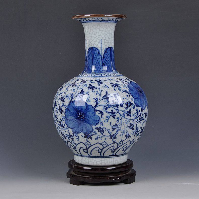 景德镇陶瓷器 手绘釉下彩仿古官窑青花瓷花 博古架工艺品家居摆设 三维工匠 手绘仿古青花裂纹赏瓶送底座摆件高清大图