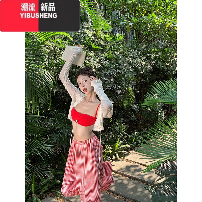 YIBUSHENG红色格子抽绳阔腿休闲裤女季显瘦垂感直筒裤子百搭高腰拖地长裤
