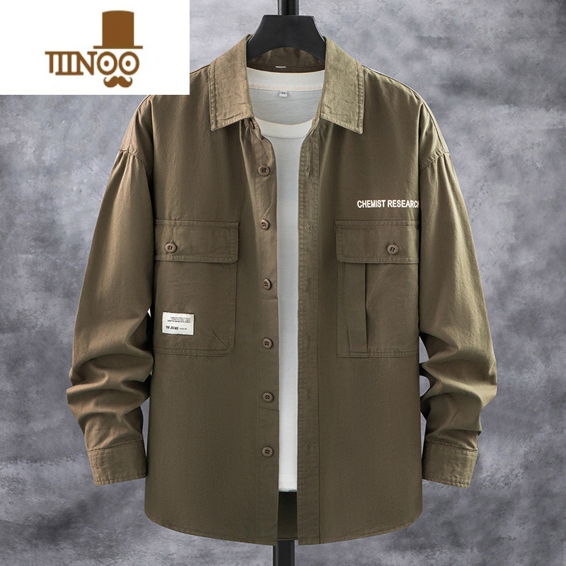 YANXU工装衬衫男长袖宽松日系潮牌翻领休闲痞帅百搭衬衣外帅高清大图