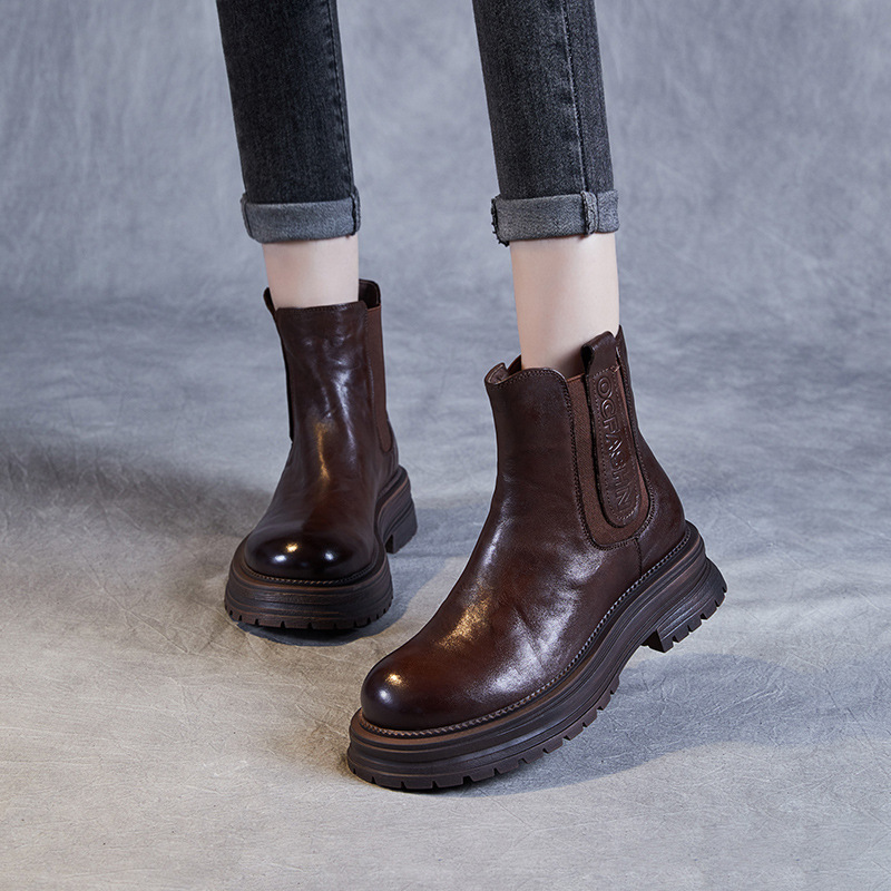手抓纹头层牛皮2023秋冬新款大头马丁靴女厚底切尔西短靴烟筒单靴高清大图