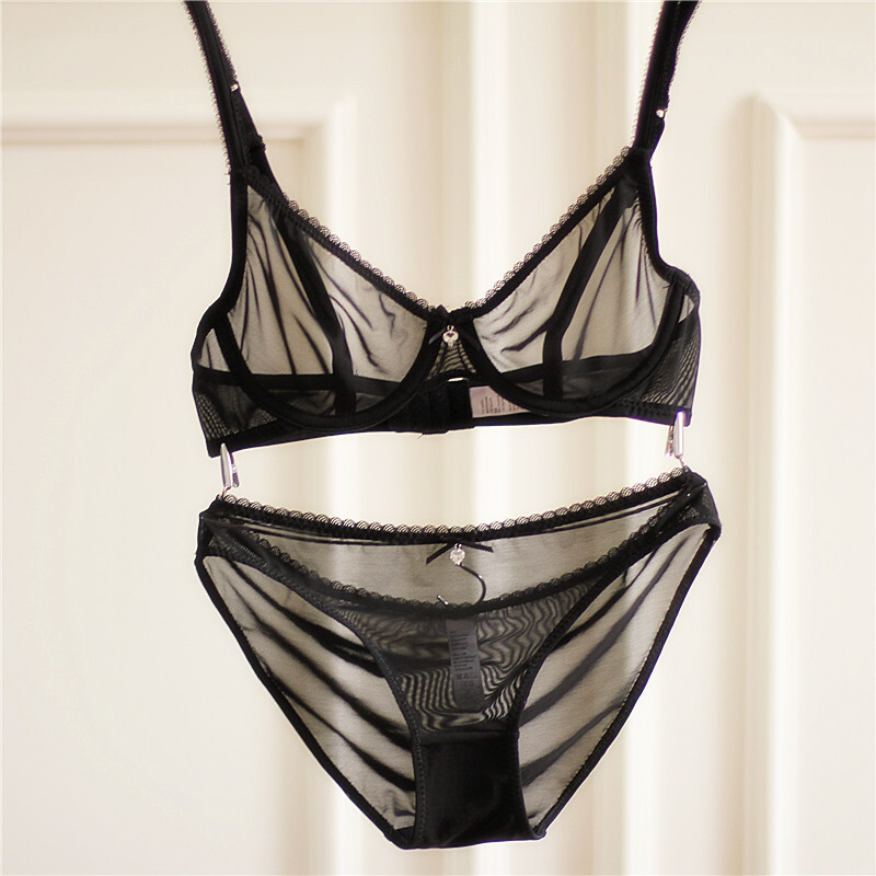 欧美女士黑色全透明文胸套装性感网纱诱惑内衣蕾丝小胸胸罩