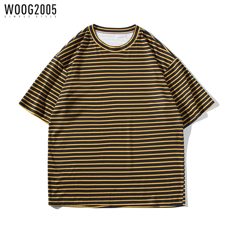WOOG2005 条纹宽松休闲短袖t恤男女夏季百搭短袖潮流体恤衫情侣款