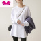 七斓圆领白色中长款长袖T恤女打底衫卫衣内搭圆弧摆开叉上衣