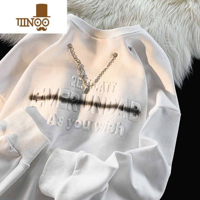 YANXU美式项链卫衣男潮牌字母压花设计小众情侣上衣复古宽松圆领套头字高清大图