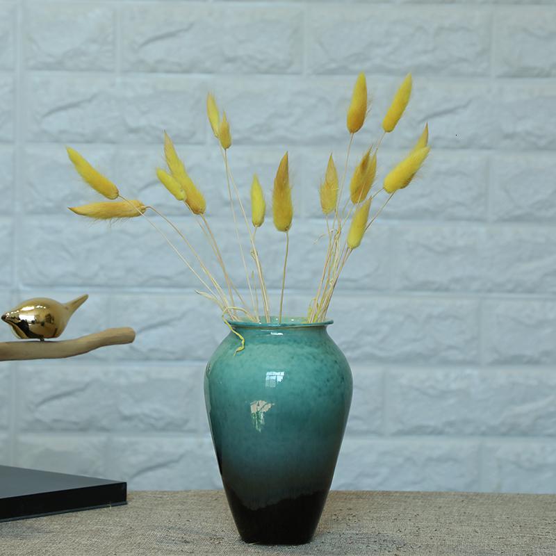 简约现代陶瓷小花瓶手工花盆花器干花花插摆件田园客厅餐桌装饰品 三维工匠 绿色花瓶(13*8cm)+情人草高清大图