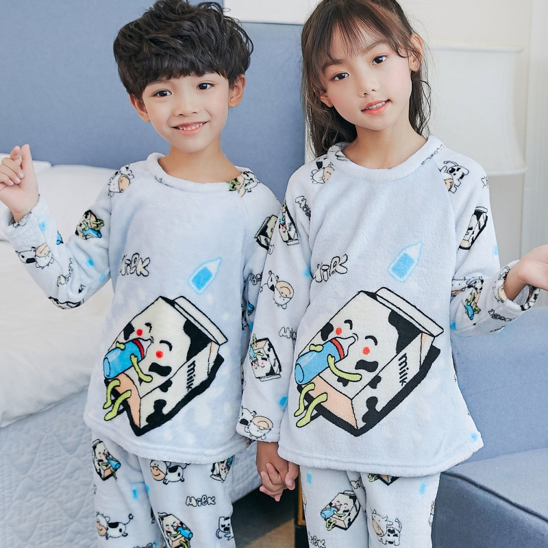 [促销]秋冬季儿童法兰绒睡衣女童宝宝男童家居服小孩加厚男孩珊瑚绒套装