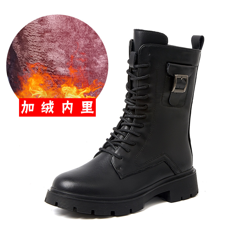 秋冬季加绒厚底真皮牛皮马丁靴女韩版系带女靴子休闲女学生鞋子 女高清大图