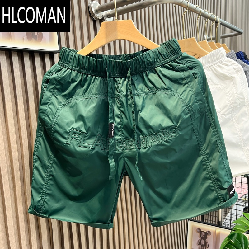 HLCOMAN刺绣冰丝速干短裤男夏季薄款潮牌沙滩裤子美式宽松运动休闲五分裤