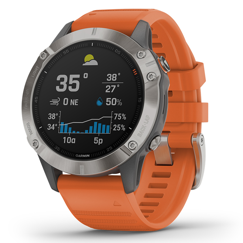 佳明（GARMIN）Fenix 6 Pro 蓝宝石钛合金灰色表圈GPS橙色表带运动户外智能心率多功能跑步手表中文版