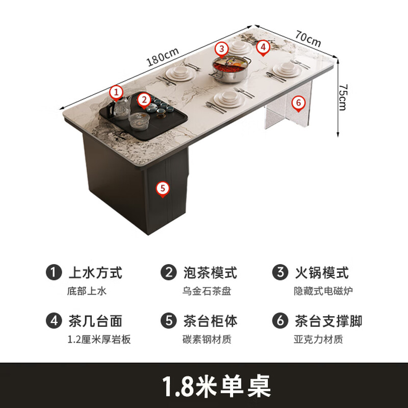 戴劲意式轻奢岩板茶桌餐桌一体带电磁炉餐桌椅组合茶台1.8米单桌高清大图