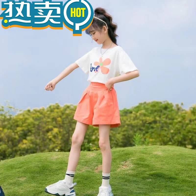 绿彩虹光女童夏装套装2023新款中大童洋气时髦儿童装10岁女孩网红短袖夏.图片