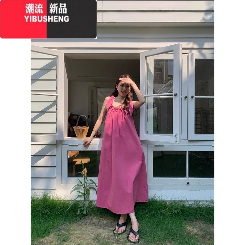 YIBUSHENG海边度假风湖蓝色系带吊带连衣裙女季慵懒风宽松法式气质裙松Y高清大图