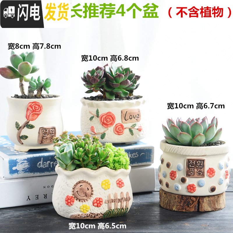 三维工匠韩式多肉花盆陶瓷大号大口径肉肉植物粗陶透气创意小花盆 SY手绘老庄3个 小花盆容器高清大图