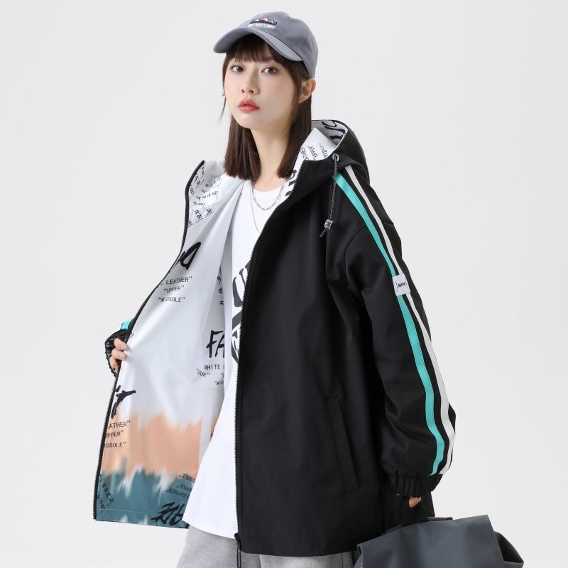 DEBRAND双面衣外套女2022春季新款韩版涂鸦印花宽松百搭连帽夹克