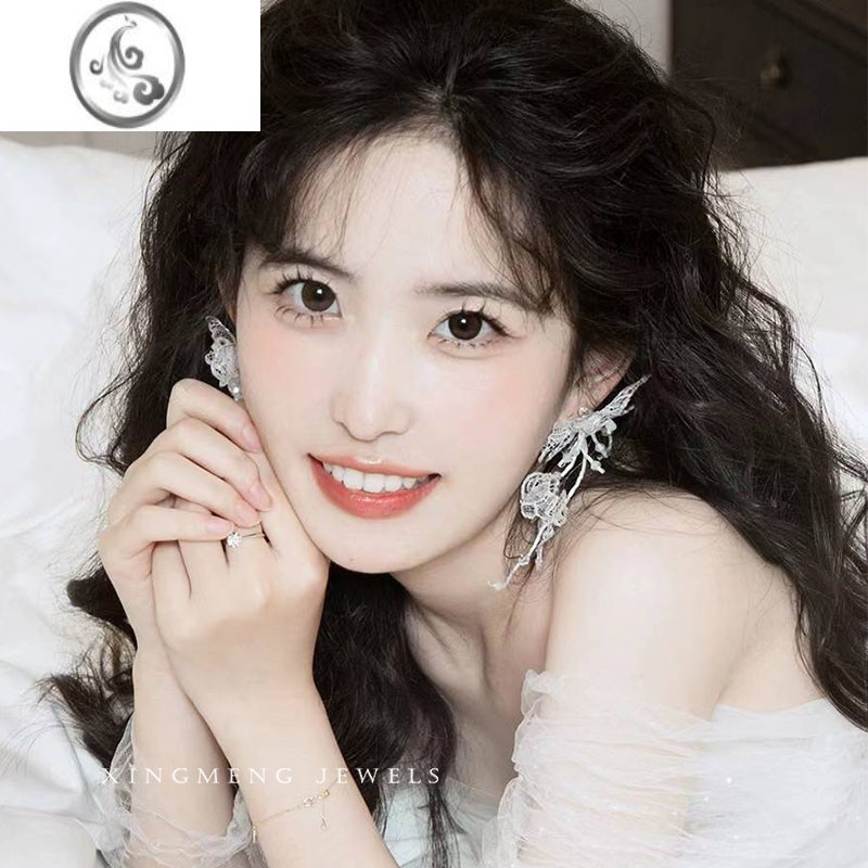 JiMi新款新娘结婚婚纱耳环大气蕾丝水晶耳夹礼服耳饰高级感仙美森系高清大图