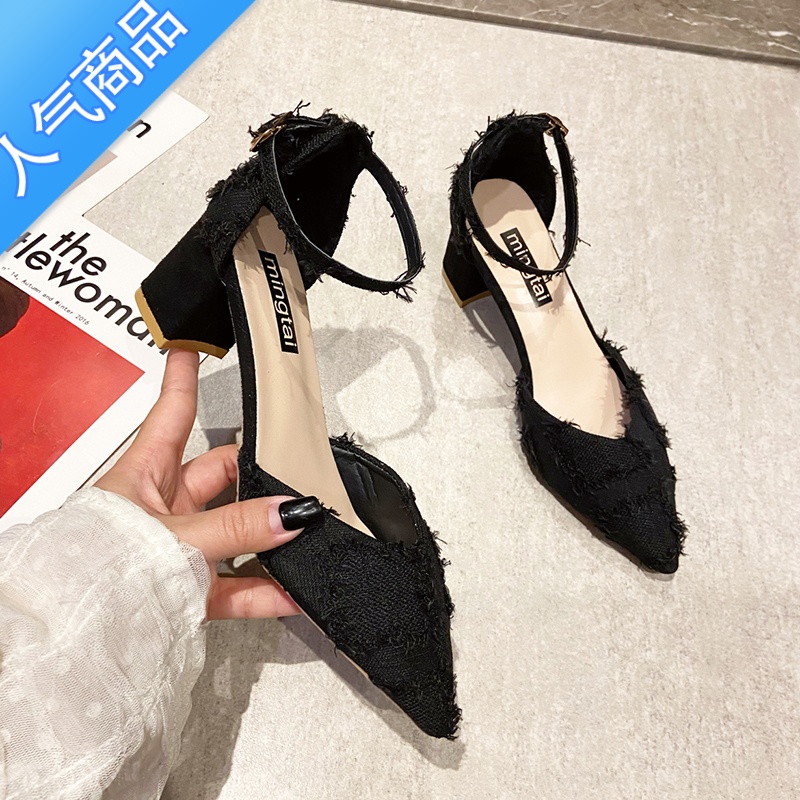 SUNTEK黑色尖头高跟鞋女粗跟2023春夏季新款法式中空包头凉鞋一高字跟U高清大图