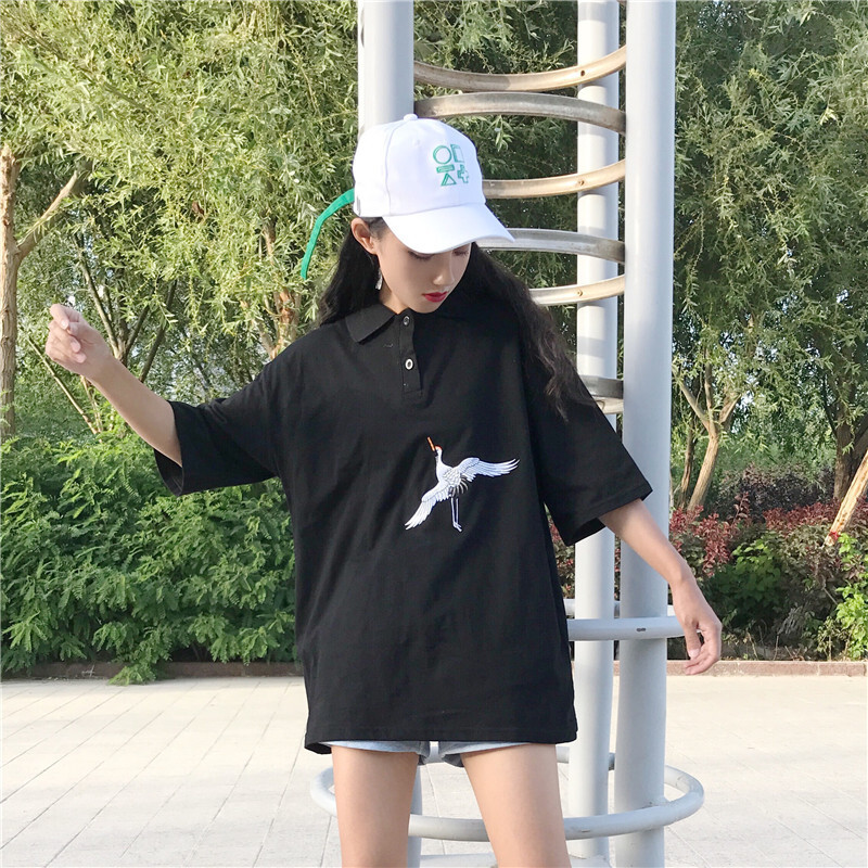 春夏女装韩版原宿风中长款宽松仙鹤刺绣POLO领短袖T恤打底衫上衣黑色均码