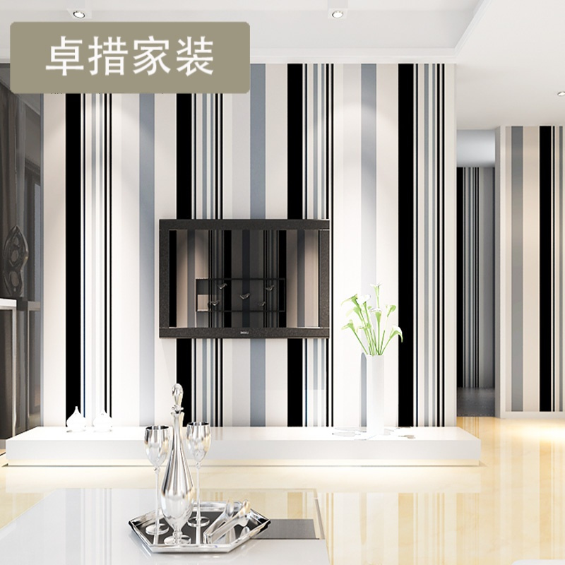 现代简约黑白灰竖条纹墙纸环保加厚无纺布客厅卧室电视背景墙壁纸壹德壹