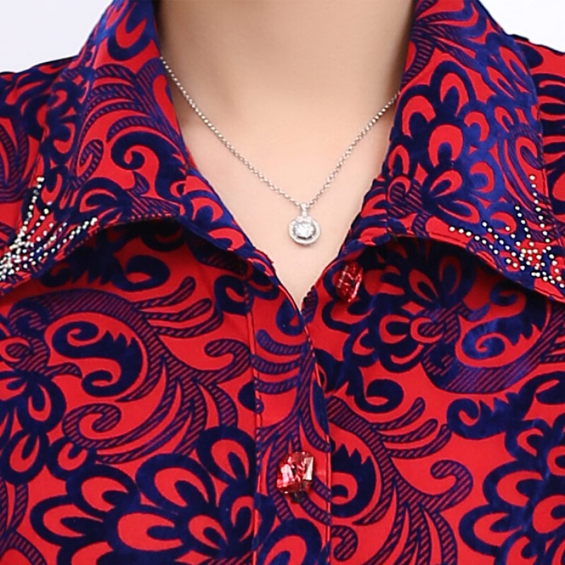 妈妈装秋装长袖中老年衬衫女秋装60-70岁80老年人衣服大码薄上衣红色五色衬衫