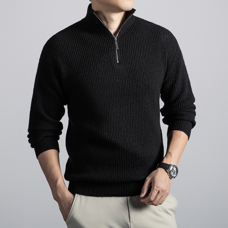 欧美男士羊毛衫秋冬新款加厚半高拉链领保暖打底针织毛衣男_36 黑色 L