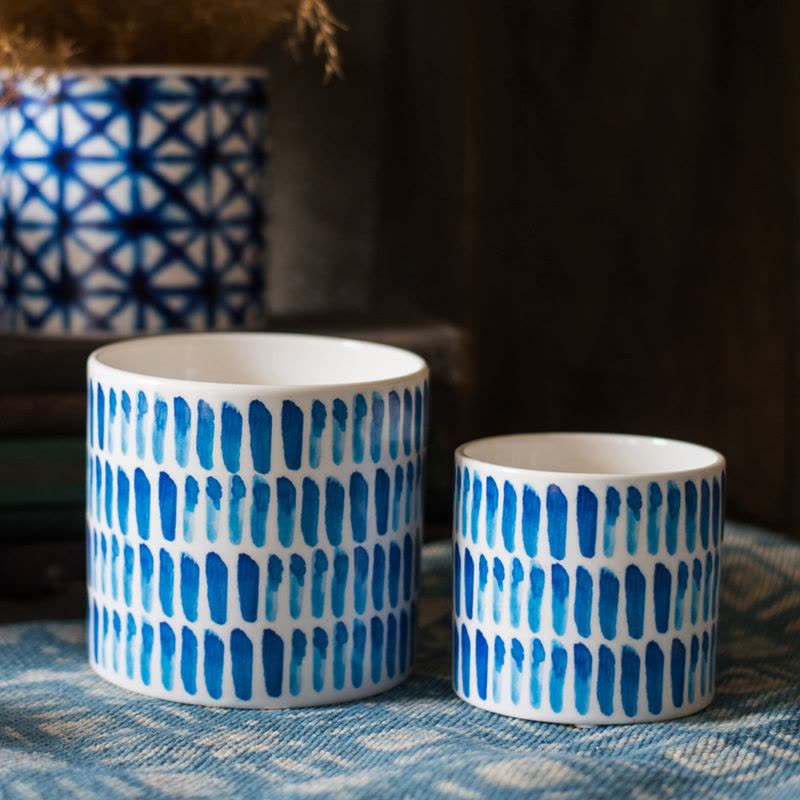 美帮汇蓝印花陶瓷花器 花盆花瓶 扎染蜡染装饰摆件笔筒杂物收纳 扎染瓷器&mdash;波纹盆 大图片