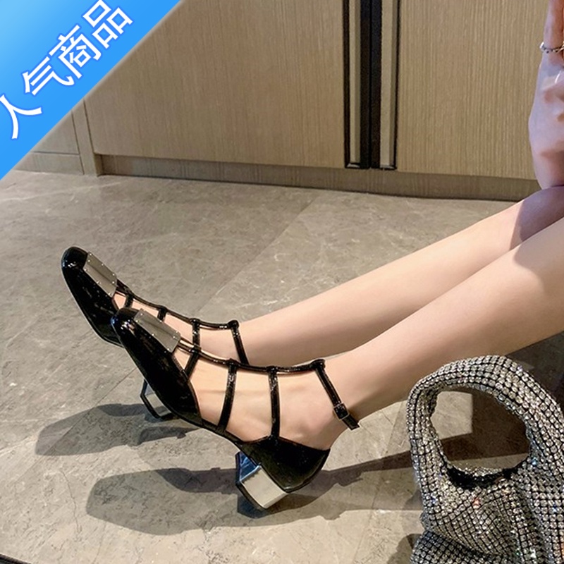 SUNTEK法式复古包头凉鞋女2023新款夏季仙女风罗马镂中空粗跟玛丽珍单鞋高清大图