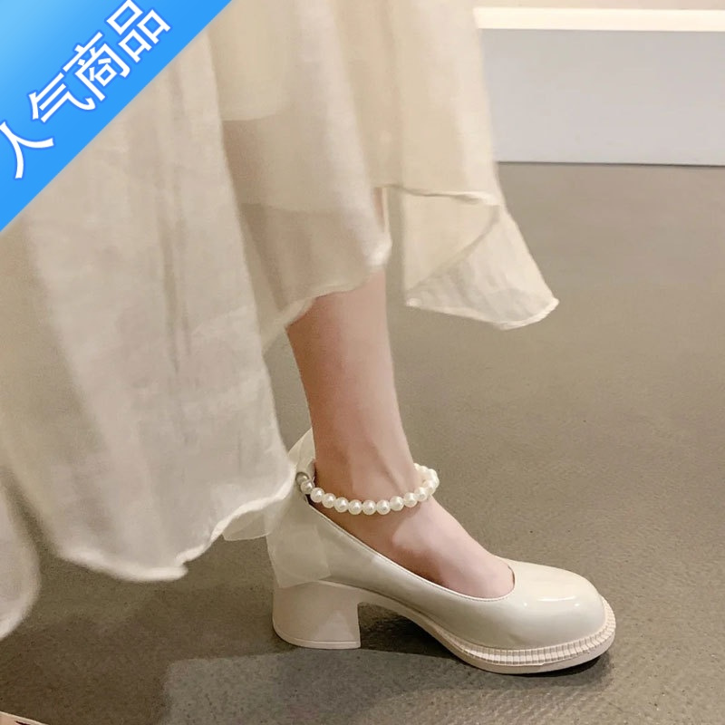 SUNTEK法式少女粗跟玛丽珍单鞋女夏2023年新款珍珠小皮鞋温柔仙女风凉鞋