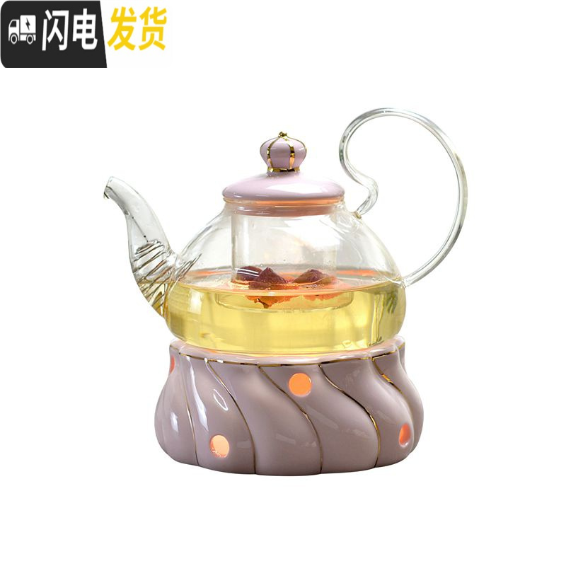 三维工匠养生壶茶具套装陶瓷花茶壶可高温玻璃加热煮水果花煮茶器温茶炉 螺纹炉座+高把壶+茶漏+6杯碟浅黄色