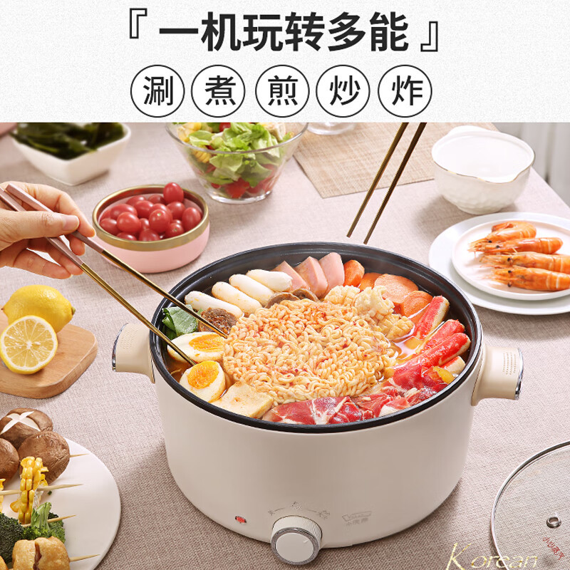 LOTOR浣熊电炒锅电煮锅迷你小电锅电火锅学生宿舍煮面锅家用多功能电热锅电煎锅 白色不沾蒸笼款4L