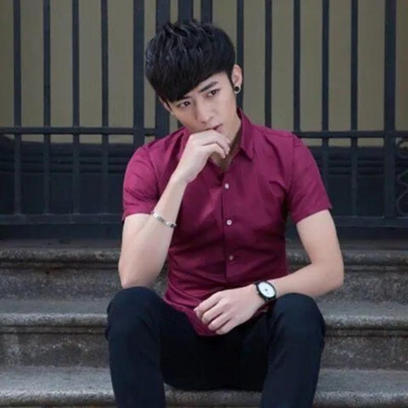 春夏季白衬衫男短袖修身韩版男士衬衣商务职业正装青少年白色寸衫 1件装衬衫酒红 S建议70-85斤