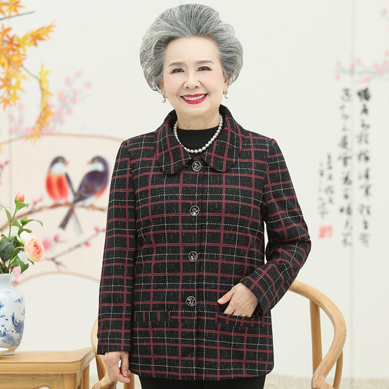 迪鲁奥（DILUAO)中老年女秋装开衫上衣外套妈妈装春秋洋气短款格子长袖外衣奶奶衣服 5XL建议150-160斤 红格子上衣
