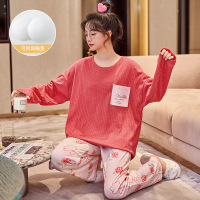 睡衣女秋冬季纯棉长袖带胸垫秋天韩版可爱大码家居服套装 女L HC1934【带胸垫】