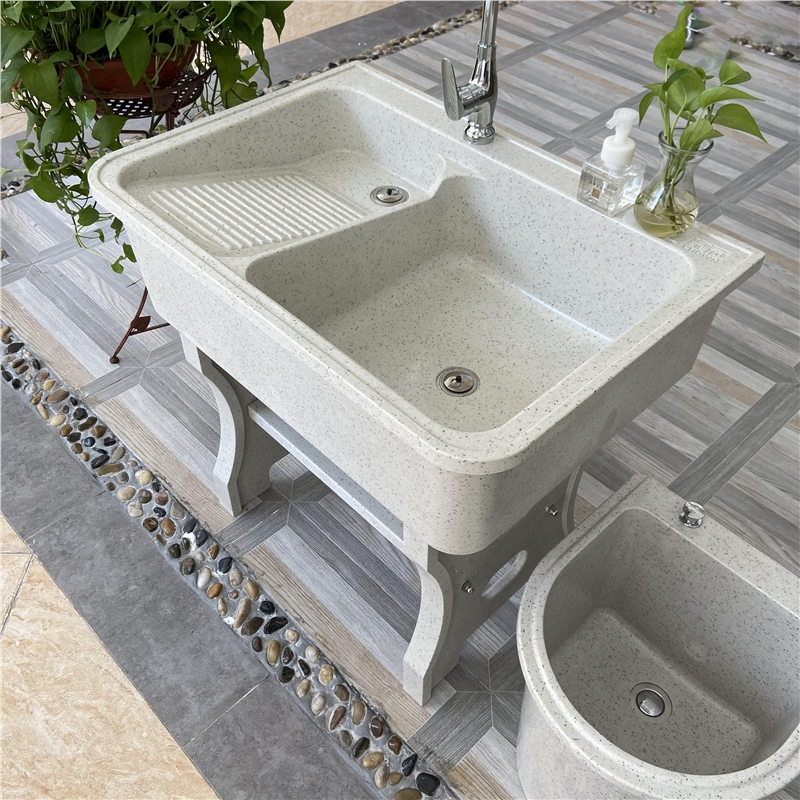 如华福禄石英石洗衣池阳台家用洗衣台带搓板大理石洗衣槽一体成型水池