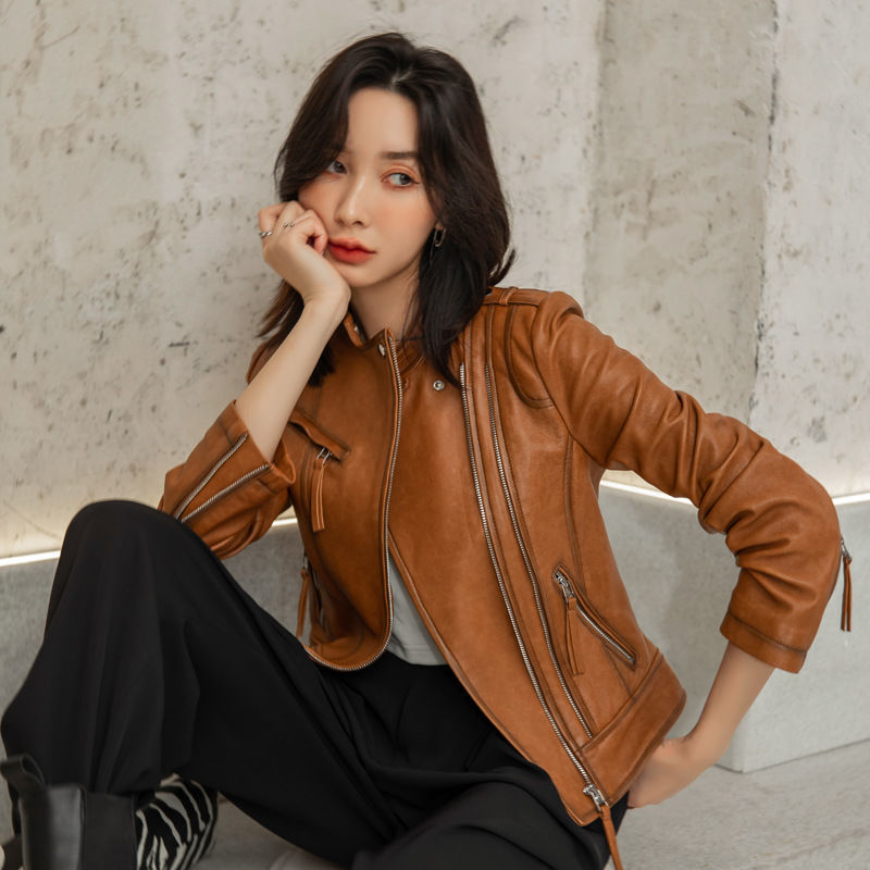 举翼王子海宁新款真皮夹克立领短款韩版修身皮衣外套女装 S 玛瑙黄