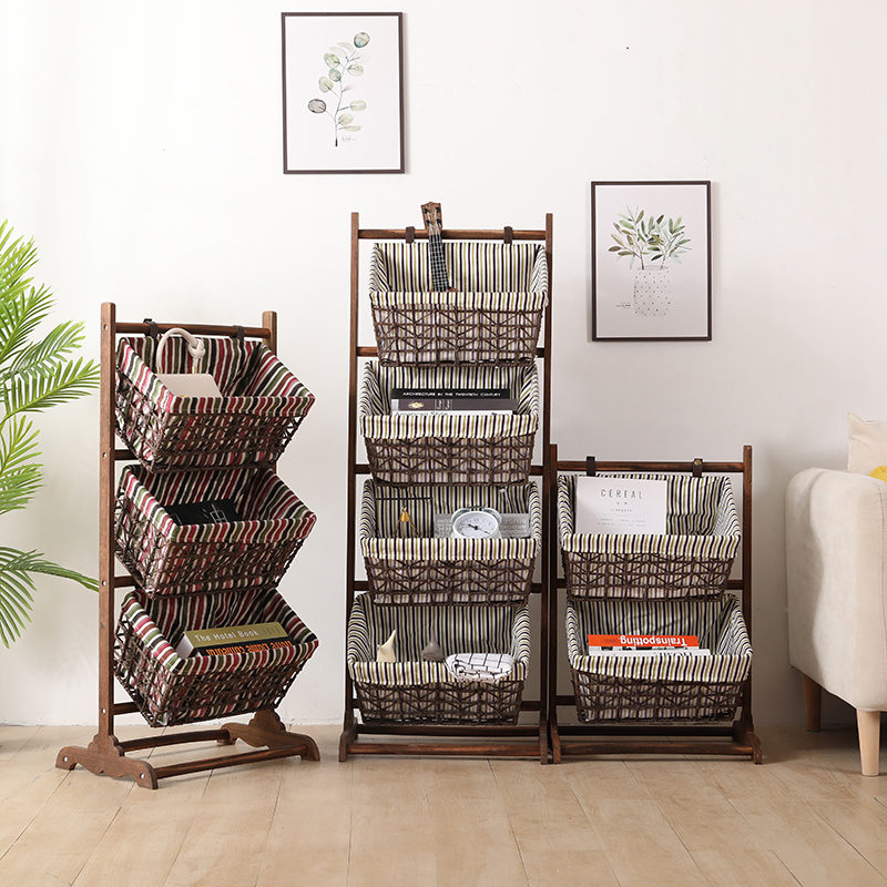 森美人布艺玩具收纳架客厅落地杂物储物架藤编多层书报架实木置物架高清大图