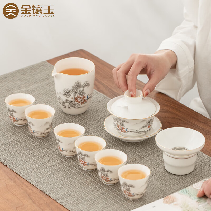 金镶玉 山间流水盖碗套装 茶具套装 茶壶茶杯羊脂玉白瓷整套礼盒装