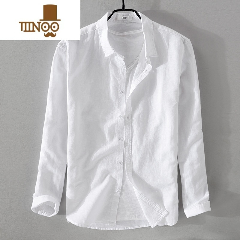 yanxu薄款短袖亚麻衬衫男休闲宽松男士棉麻长袖衬衣外套上衣白色视频