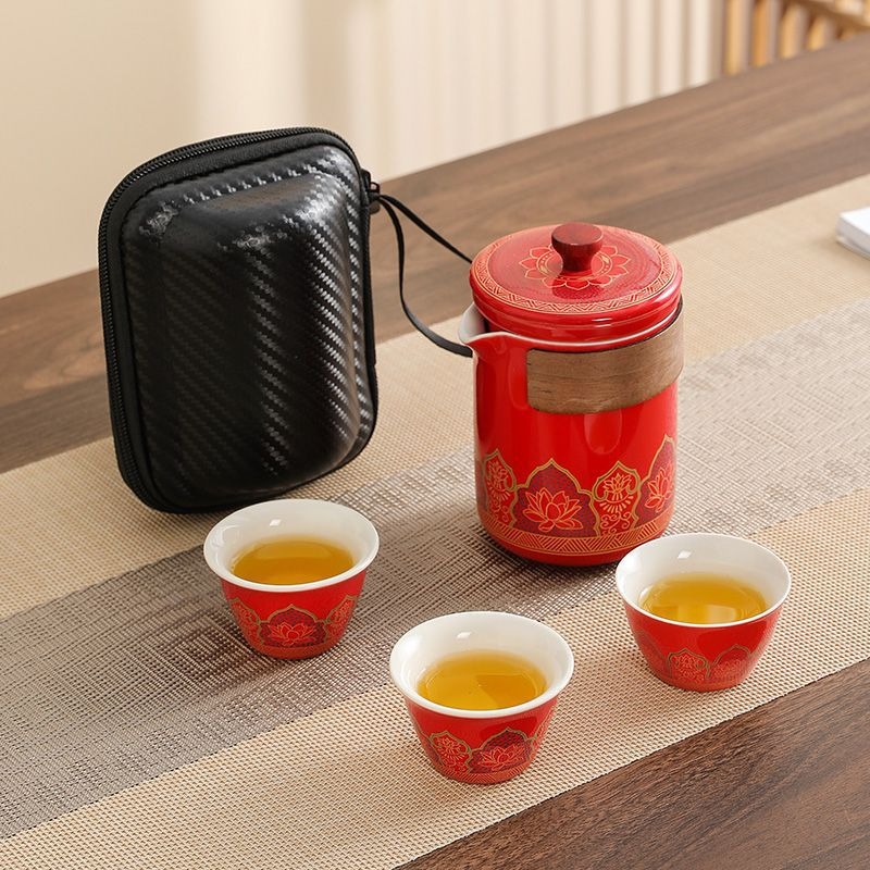 华普思旅行茶具套装 户外便携陶瓷快客杯玫红【茶韵】一壶三杯+黑包