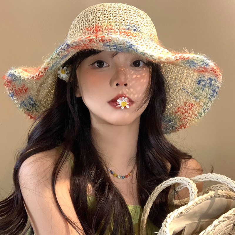 彩色编织草帽女夏季海边度假遮阳防晒帽透气镂空大帽檐显脸小帽子3759A