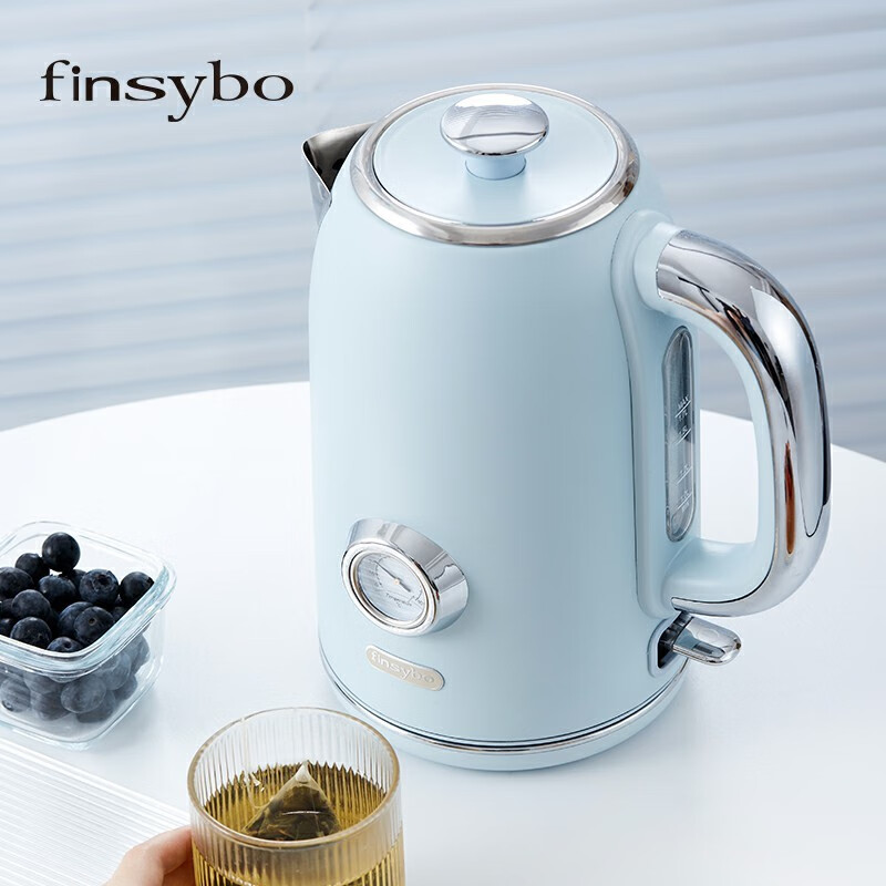 finsybo朋克电热水壶 物理温显 SUS304不锈钢内胆+实时温显F-CEK17B高清大图