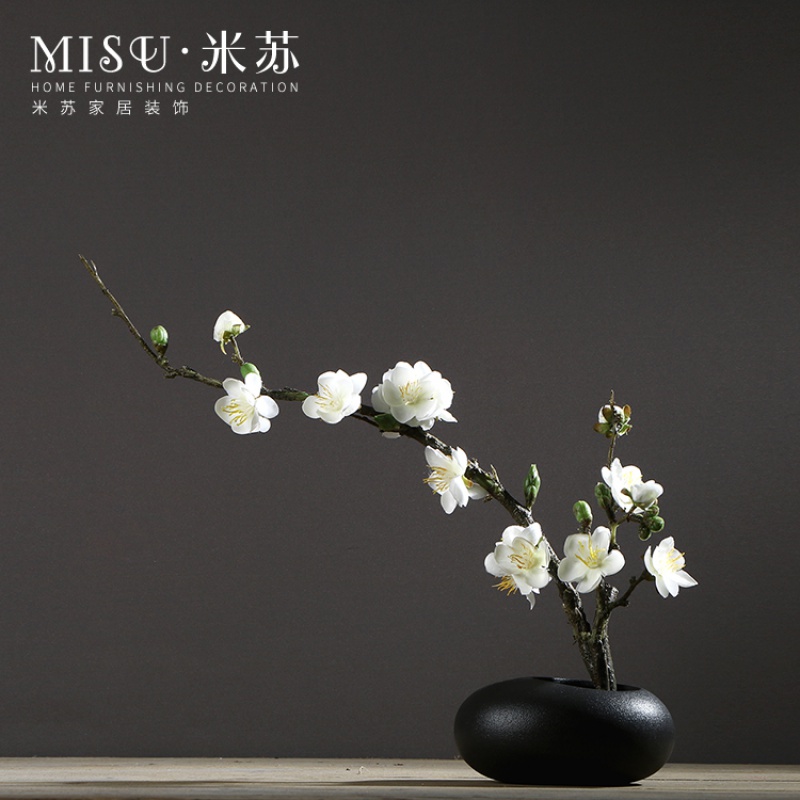 中式简约陶瓷花瓶摆件客厅餐桌插花家居软装饰品禅意仿真梅花套装收纳袋 三维工匠 白色弯曲款花瓶套装