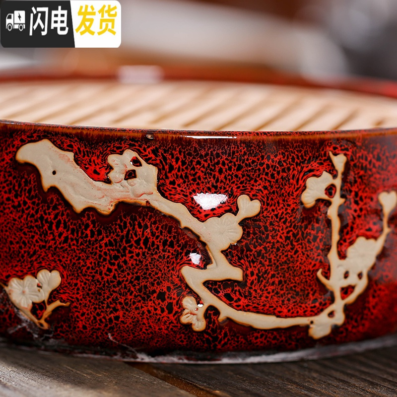 三维工匠陶瓷干泡小茶盘家用简约功夫茶具套装圆形竹托盘日式茶托小茶台 清雅俊逸茶盘(哥窑)(送茶巾)