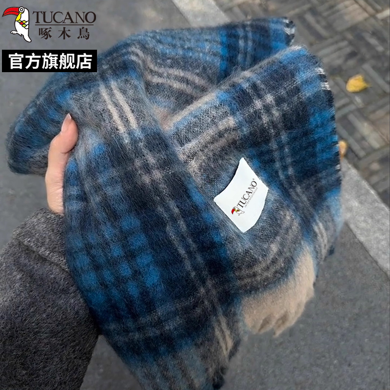 啄木鸟2024冬新款蓝色格子围巾女冬季保暖氛围感情侣百搭围脖学情高清大图