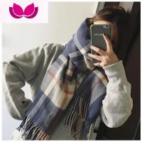 七斓秋冬学院风藏青格子围巾女冬季复古长款保暖披肩两用软妹学生围脖