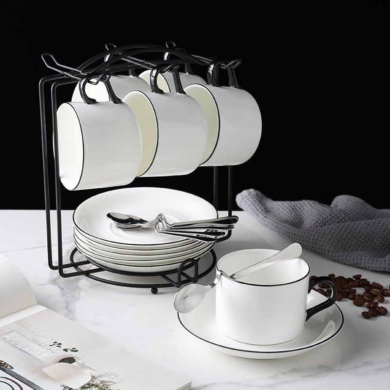 创意咖啡杯欧式时尚咖啡套具陶瓷描金咖啡杯套装配勺带架子天鹅湖6杯