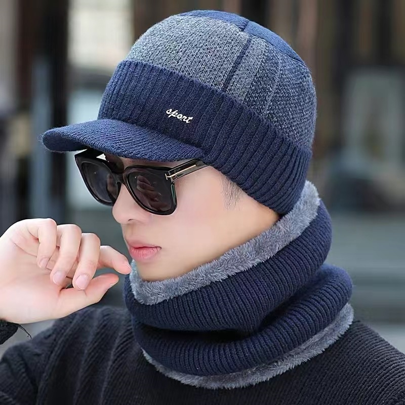 帽子男冬天保暖毛线帽加绒加厚户外围脖秋冬季骑车针织帽男士套头