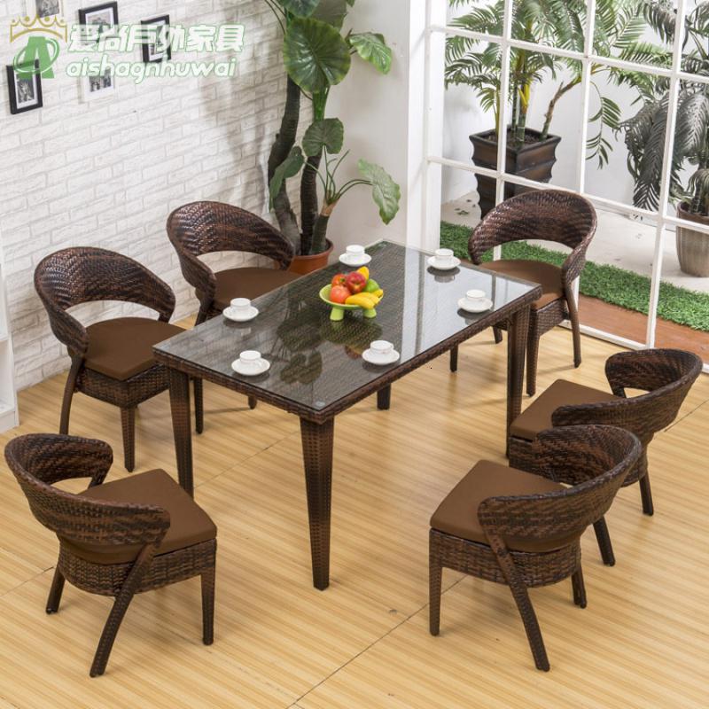 新款 阳台户外藤桌椅藤椅五件套 PE仿藤桌椅 餐桌藤编椅子茶几 6椅+长台(含坐垫)