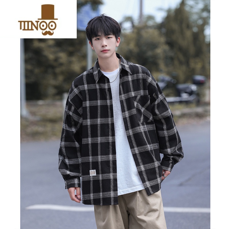YANXU格子衬衫男长袖日系复古痞帅百搭潮流宽松学生休闲衬衣外流高清大图