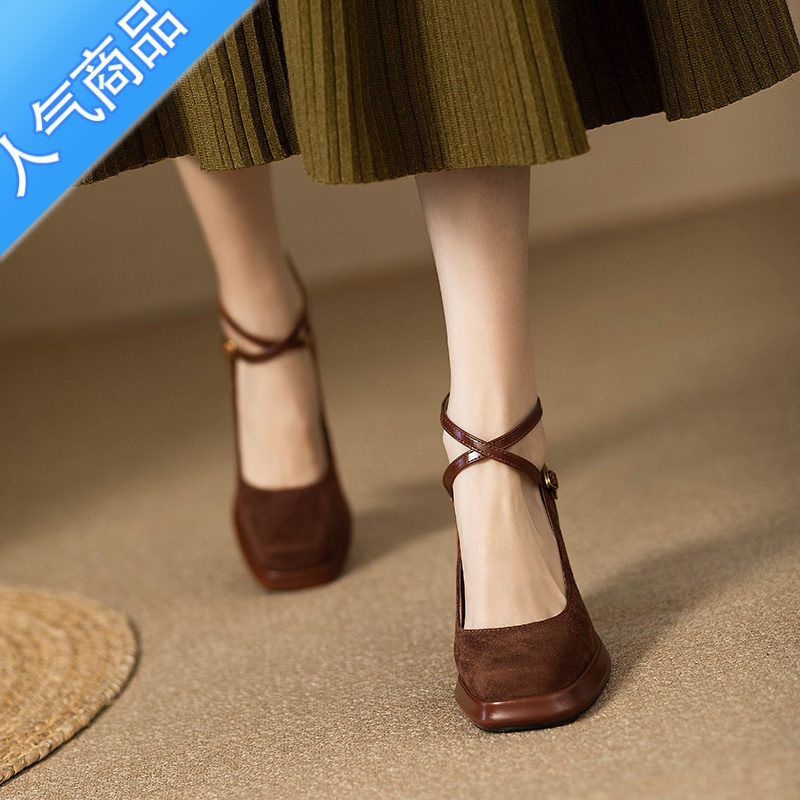 SUNTEK黑色法式复古高跟鞋女粗跟婚鞋玛丽珍2023新款交叉带方头浅口单鞋