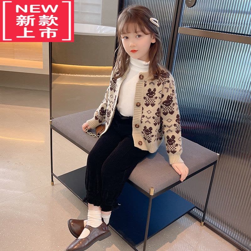 可莉允女童毛衣外套秋冬2022新款小女孩洋气冬装小熊儿童针织衫上衣开衫图片